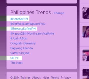 #NotoSofitel and #BoycottSofitel, the official hashtags of the boycott campaign of UNTV against Sofitel Philippine Plaza Manila, made it to the Philippine trends and peaked at the number 1 and 3 spots, respectively. (Photo grabbed from UNTV's Official Facebook Page)